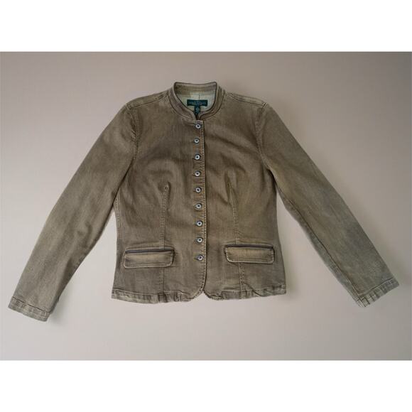 Ralph Lauren RLR Stretch Denim Jacket Camel SZ 16 Sheep Leather Trim Mandarin - Picture 2 of 16